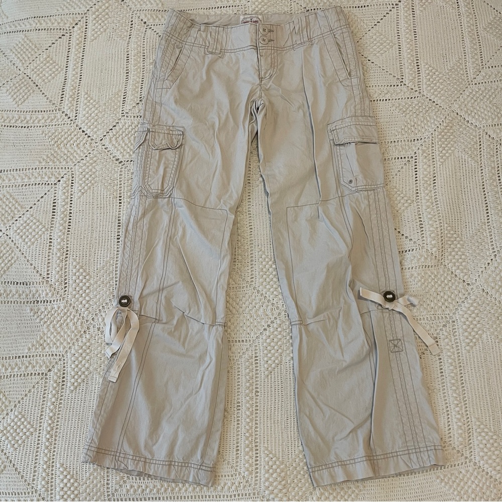 Light Tan Low Rise Wide Leg Cargo Pants with Pockets and Buttons 100% Cotton